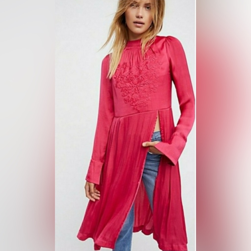 Free People Embroidered Tunic Dress Pink Boho Longline Side Slit Size L - Picture 1 of 7